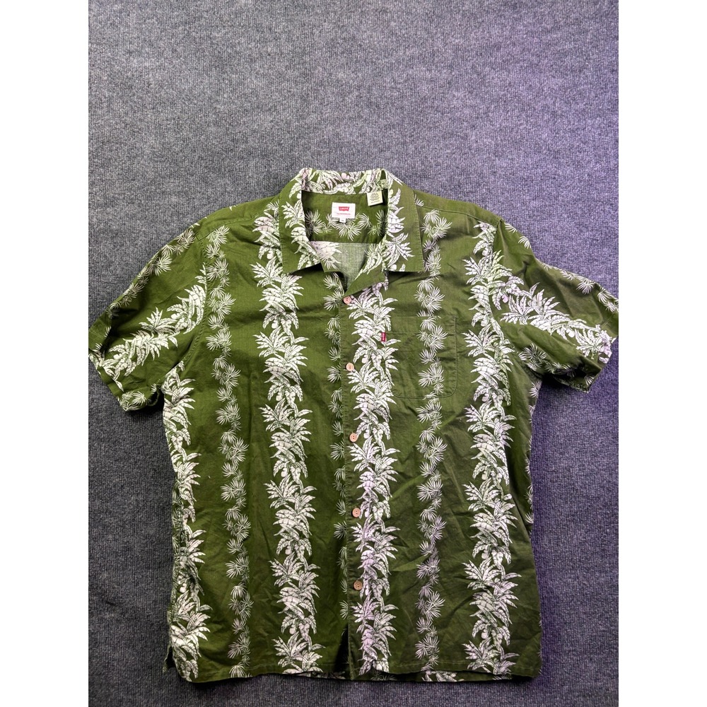 Levi's Button Up Shirt‎ Mens XXL Green Tropical Palm Leaf Print Short Sleeve